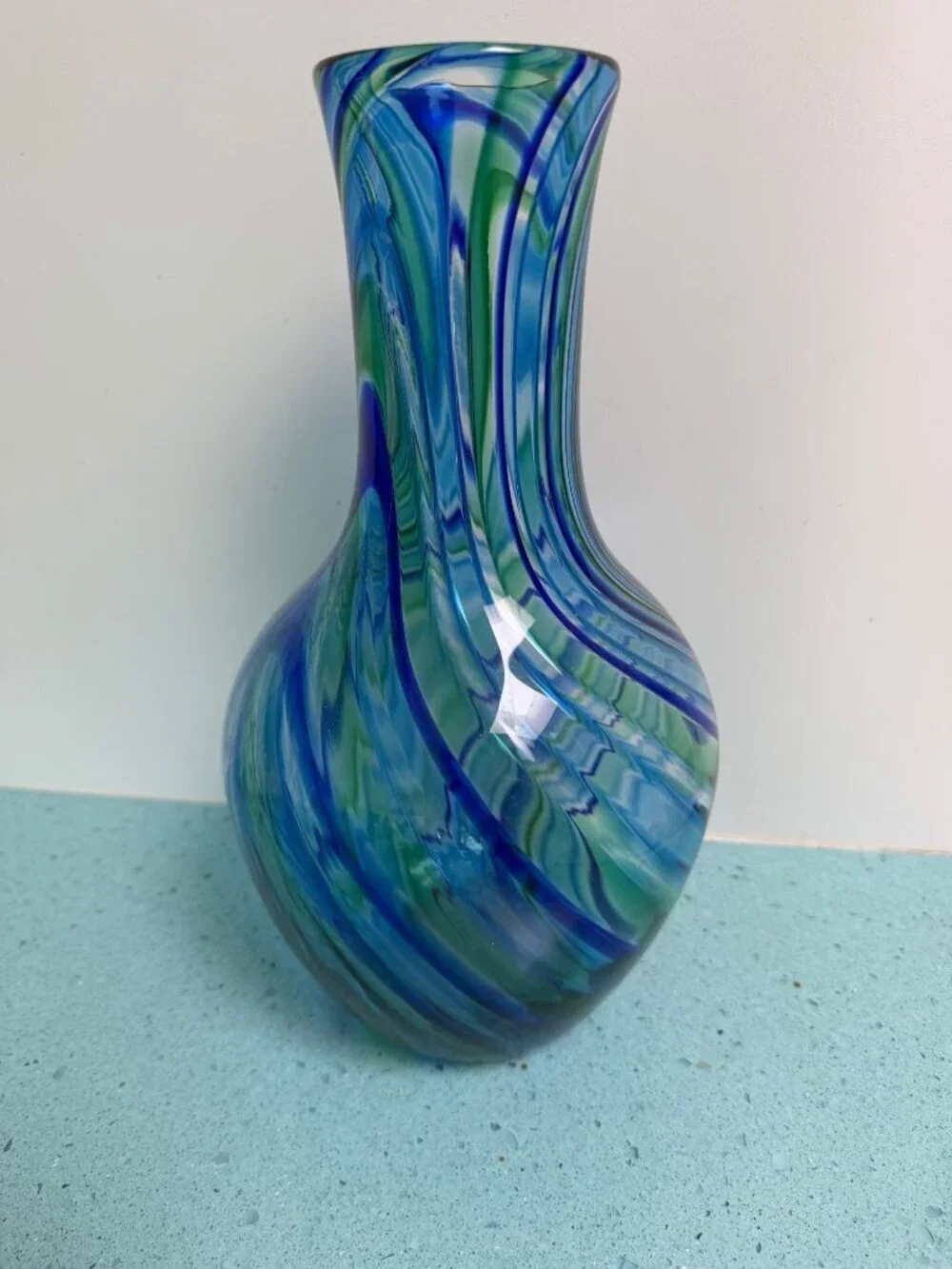 Michael Egan Vermont 2001 Handblown 12 inch Art Glass Vase Blue Green Handmade